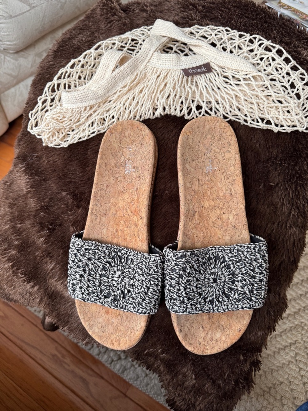 The Sak Black & White Crochet Slide Sandals